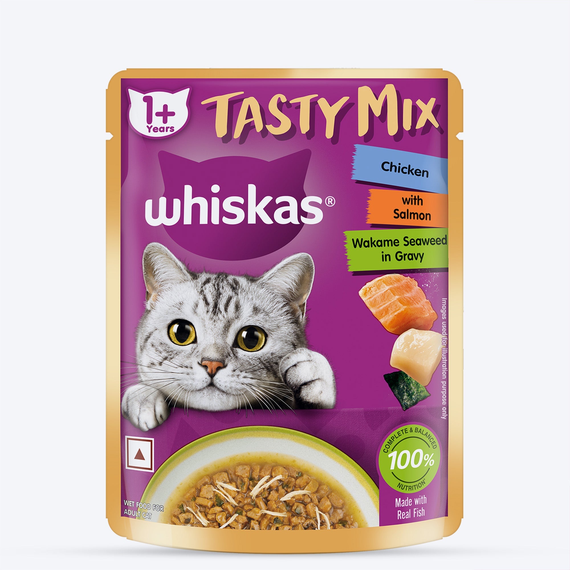 Whiskas Tasty Mix Wet Food Made With Real Fish (Salmon & Wakame Seaweed) With Chicken in Gravy For Adult (1+ year) Cat - 70 gm Pack