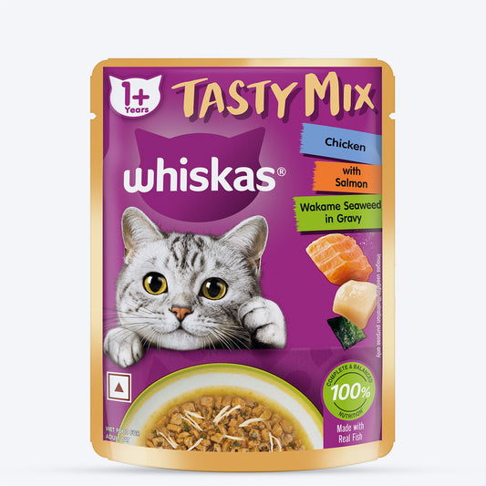Whiskas Tasty Mix Wet Food Made With Real Fish (Salmon & Wakame Seaweed) With Chicken in Gravy For Adult (1+ year) Cat - 70 gm Pack