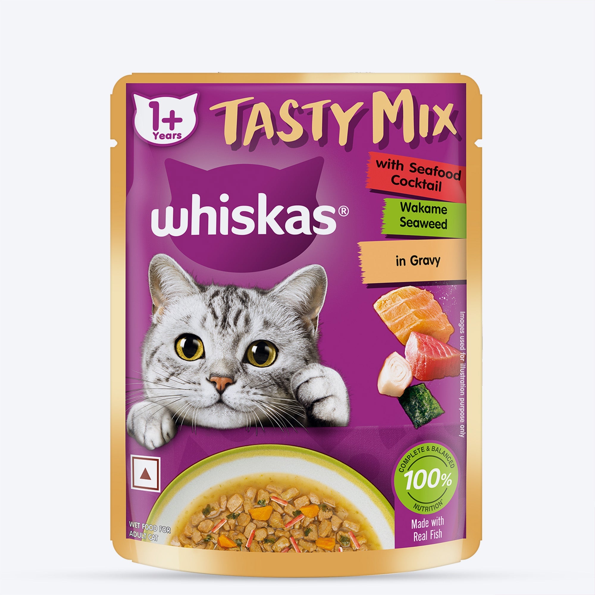Whiskas Tasty Mix Wet Food Made With Real Fish (Seafood Cocktail & Wakame Seaweed) in Gravy For Adult (1+ year) Cat - 70 gm Pack