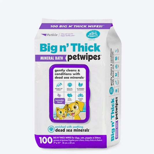 Petkin Big n' Thick Mineral Bath Pet Wipes For Dogs & Cats - 100 Wipes