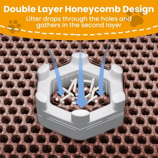 Cature Care by Nature Cat Litter Mat, Kitty Litter Collector, Double Layered Honeycomb Design Waterproof, Anti Urine, Anti Slip, Easy to Clean, Limit Waste (23.4"x18", Brown)