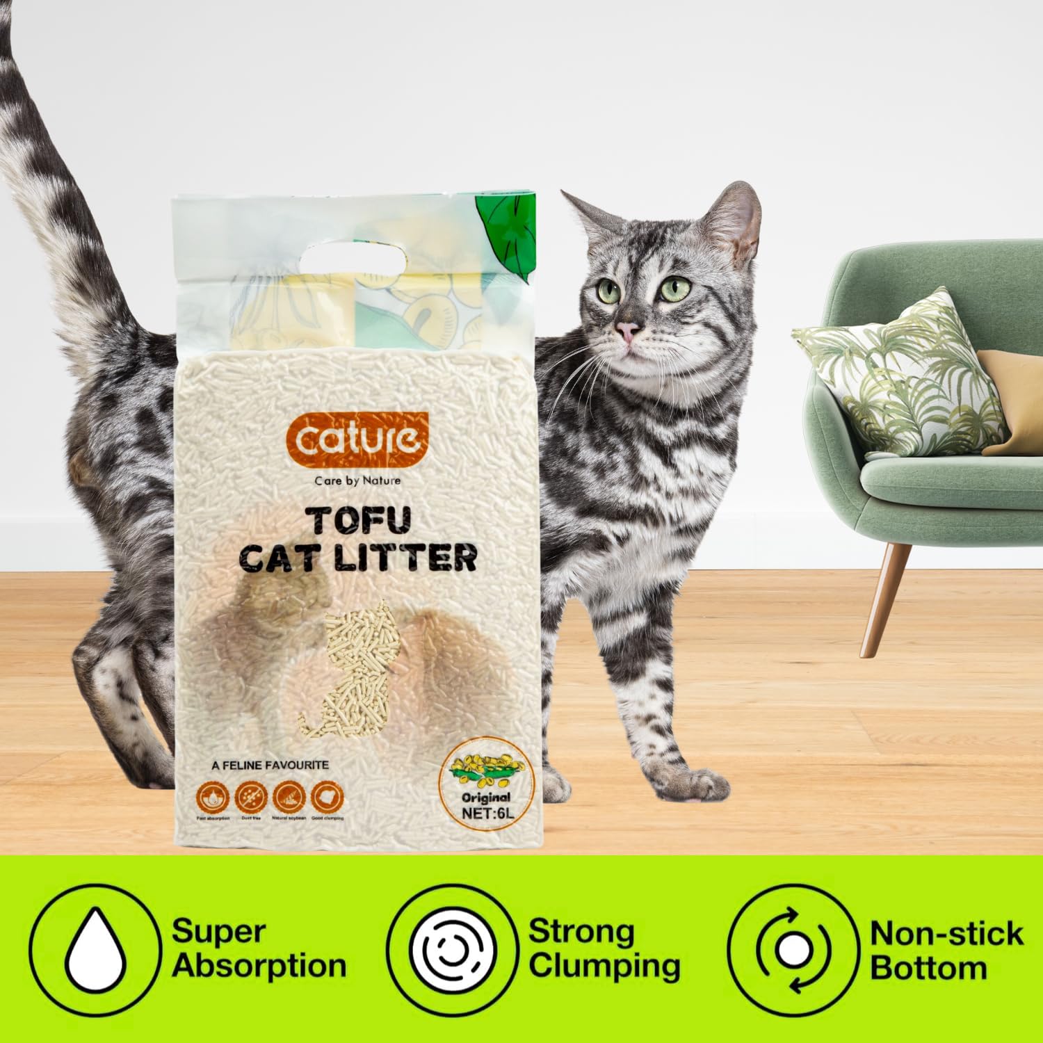 Cature Care by Nature Tofu Cat Litter Natural Flushable Clumping Litter Plant Based Biodegradable Ultra Odour Control 99% Dust Free Low Tracking Cat Litter (Original, 6L, PACK2)