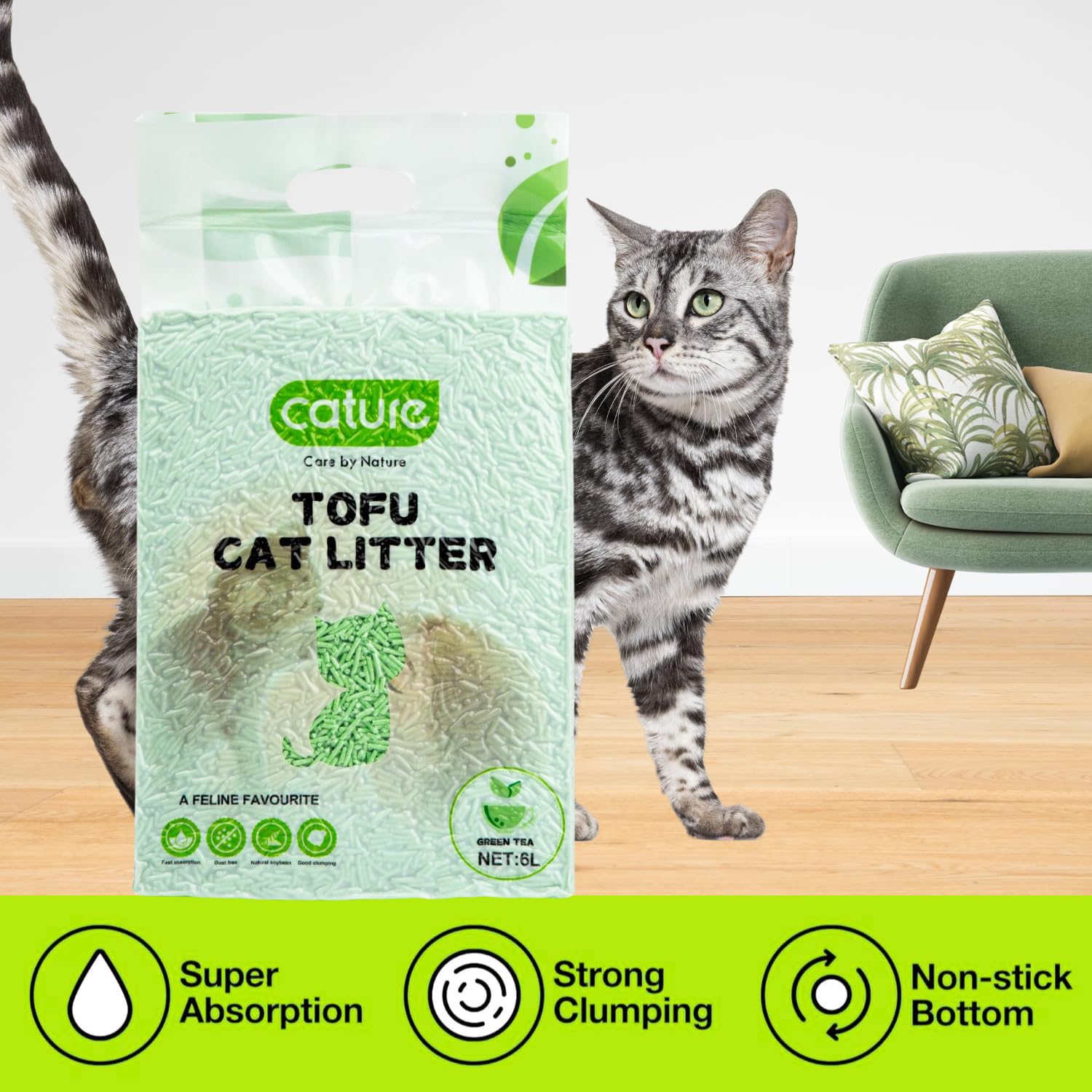 Cature Care by Nature Tofu Cat Litter Natural Flushable Clumping Litter Plant Based Biodegradable Ultra Odour Control 99% Dust Free Low Tracking Cat Litter (Original, 6L, PACK2)