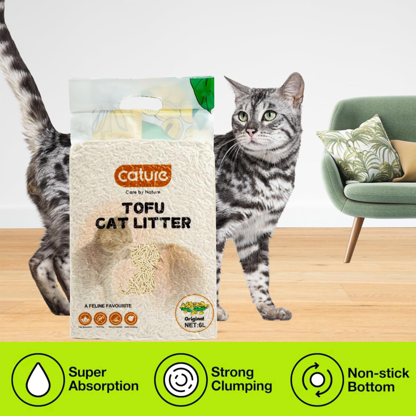Cature Care by Nature Tofu Cat Litter Natural Flushable Clumping Litter Plant Based Biodegradable Ultra Odour Control 99% Dust Free Low Tracking Cat Litter (Original, 6L, PACK2)