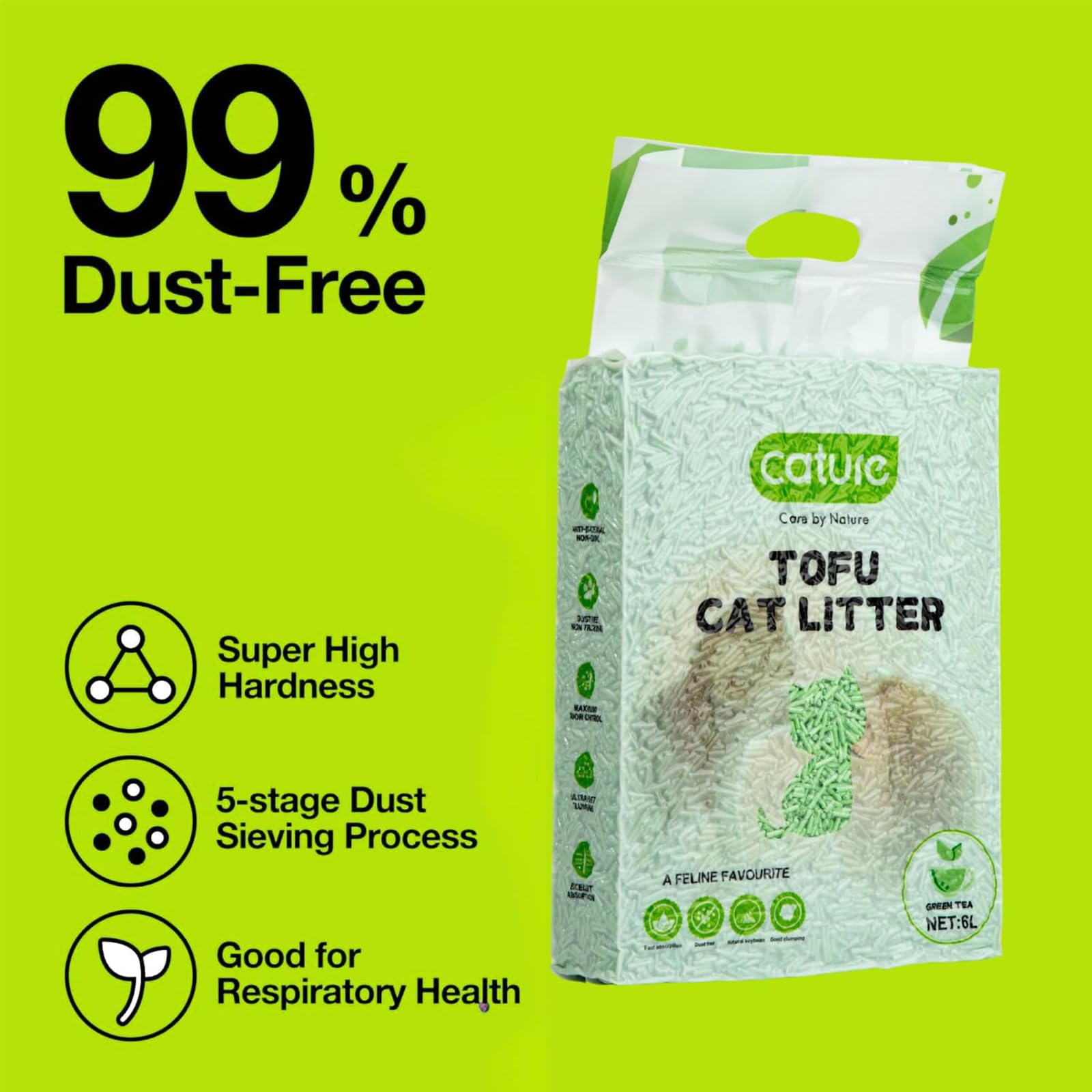 Cature Care by Nature Tofu Cat Litter Natural Flushable Clumping Litter Plant Based Biodegradable Ultra Odour Control 99% Dust Free Low Tracking Cat Litter (Original, 6L, PACK2)