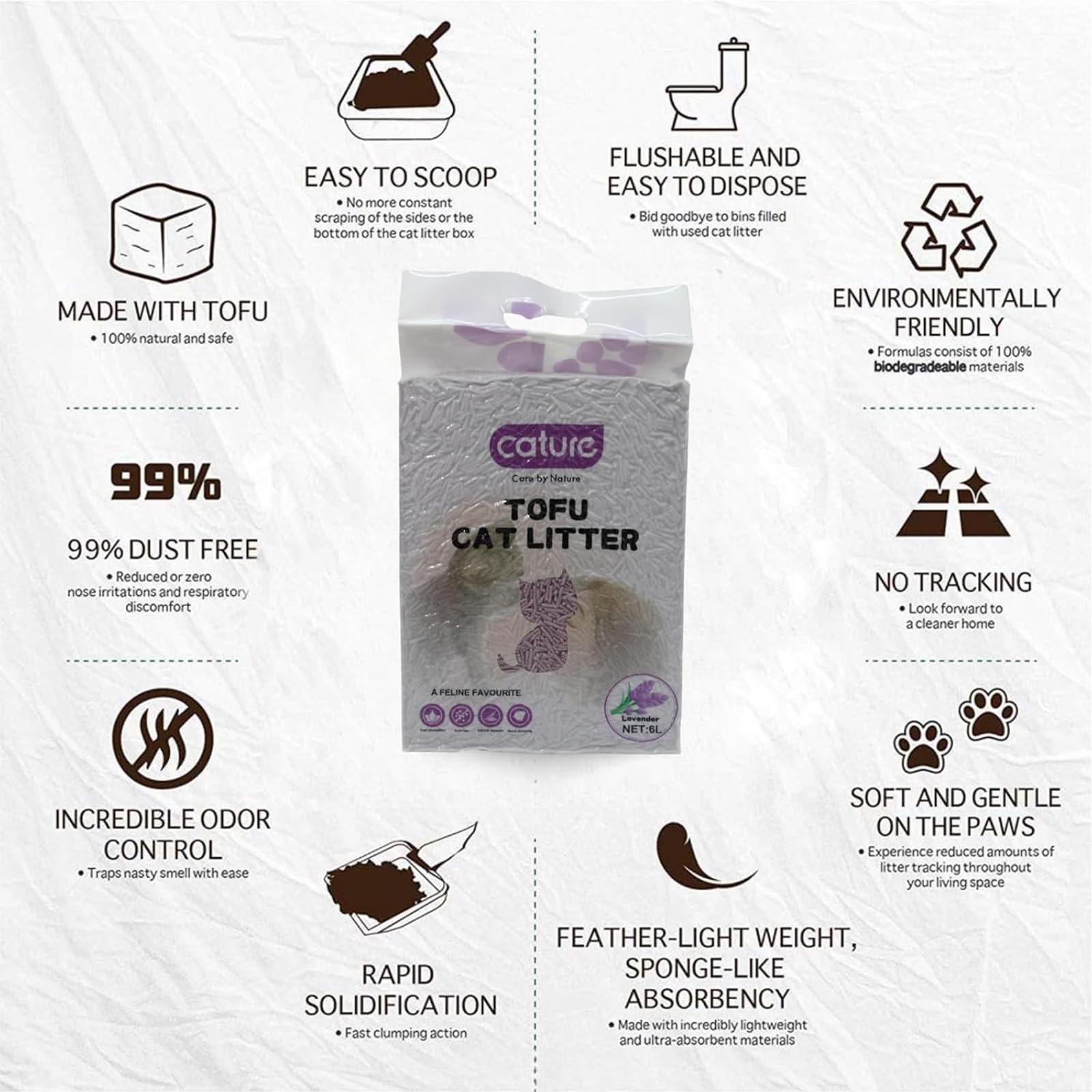 Cature Care by Nature Tofu Cat Litter Natural Flushable Clumping Litter Plant Based Biodegradable Ultra Odour Control 99% Dust Free Low Tracking Cat Litter (Original, 6L, PACK2)