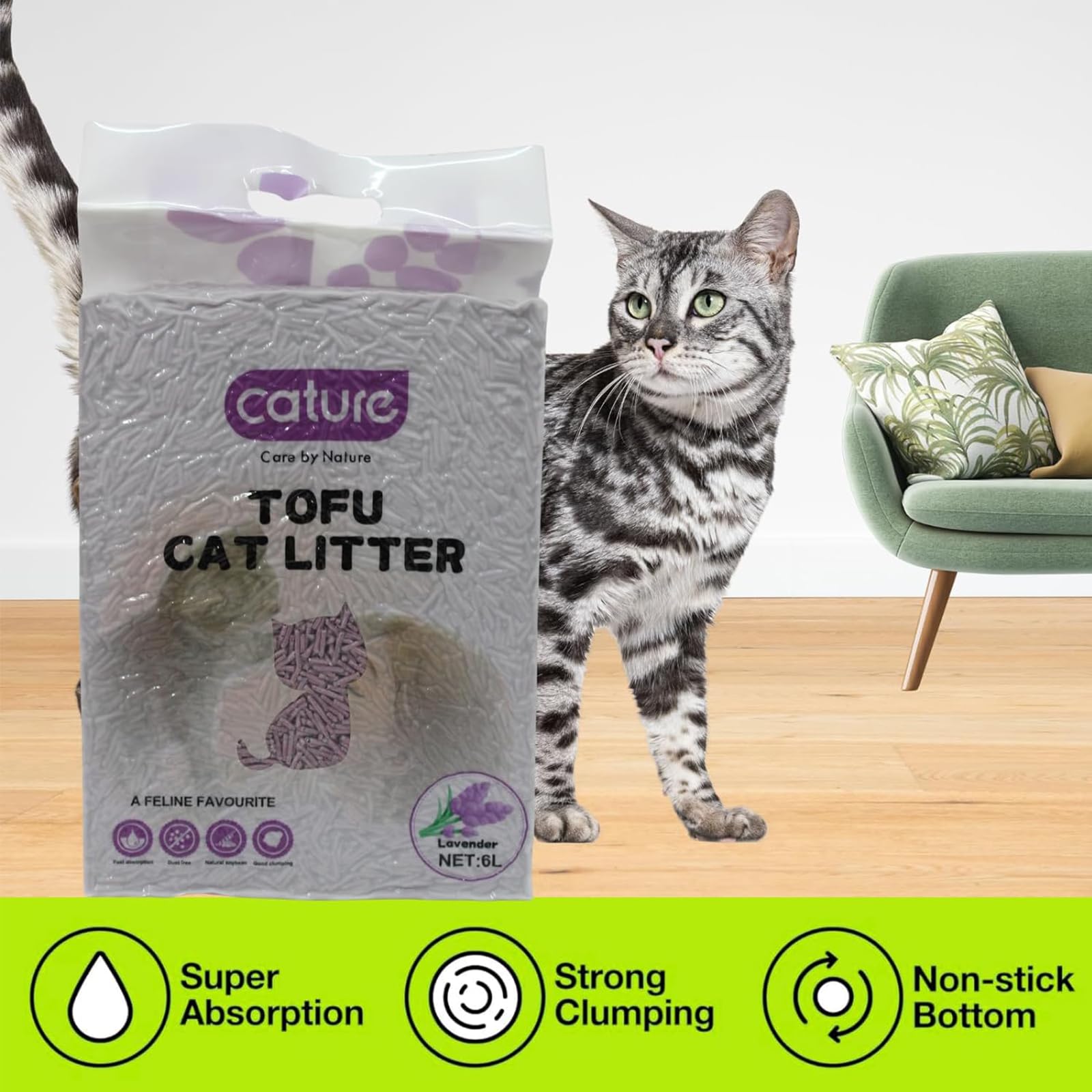 Cature Care by Nature Tofu Cat Litter Natural Flushable Clumping Litter Plant Based Biodegradable Ultra Odour Control 99% Dust Free Low Tracking Cat Litter (Original, 6L, PACK2)