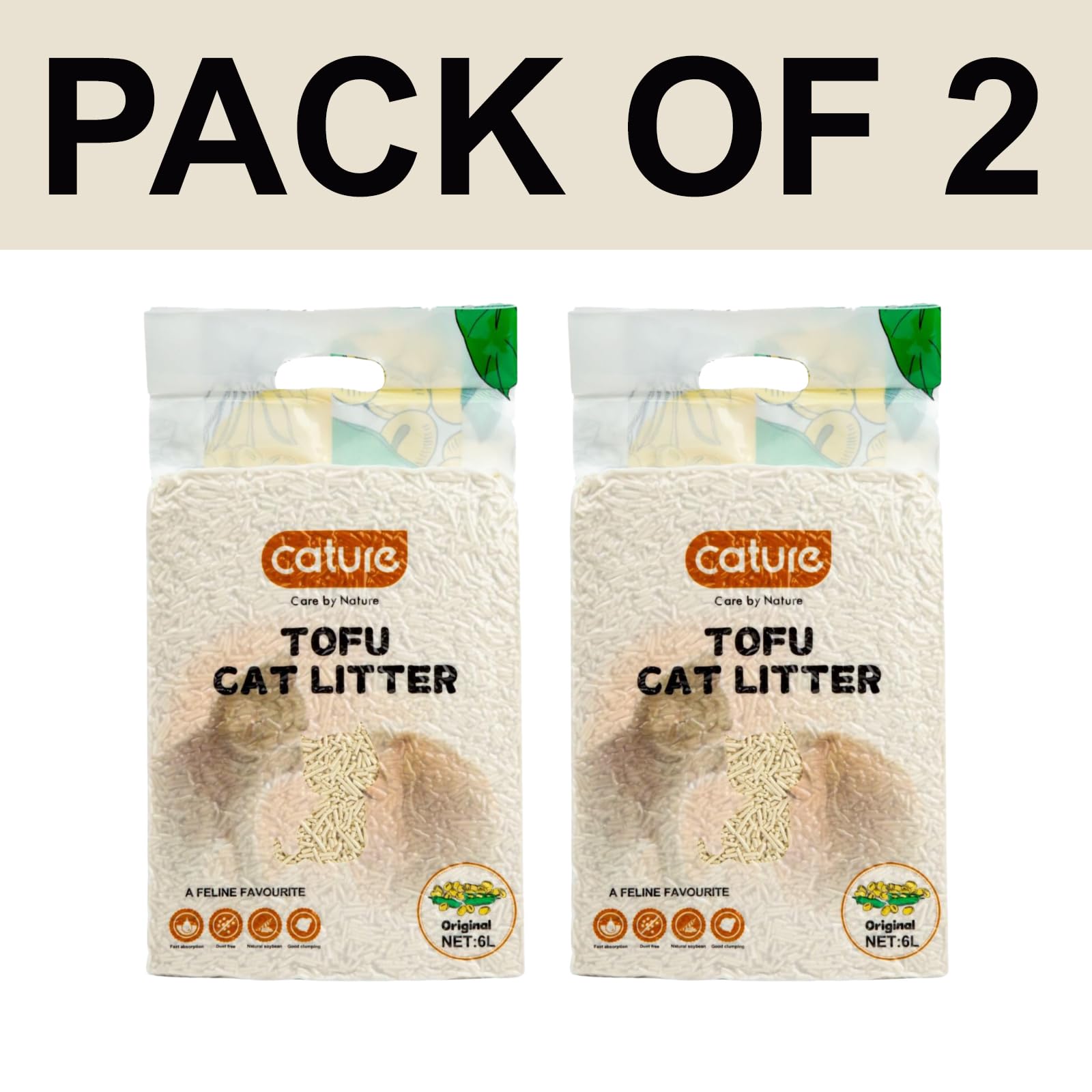 Cature Care by Nature Tofu Cat Litter Natural Flushable Clumping Litter Plant Based Biodegradable Ultra Odour Control 99% Dust Free Low Tracking Cat Litter (Original, 6L, PACK2)