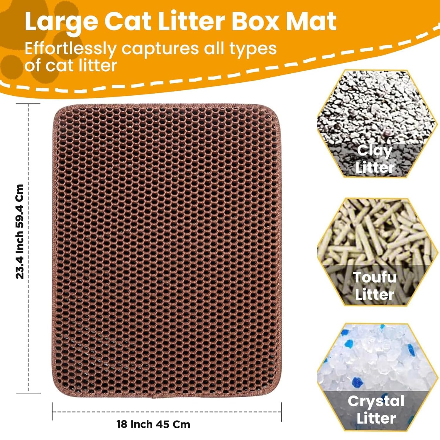 Cature Care by Nature Cat Litter Mat, Kitty Litter Collector, Double Layered Honeycomb Design Waterproof, Anti Urine, Anti Slip, Easy to Clean, Limit Waste (23.4"x18", Brown)