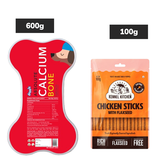 Drools Absolute Calcium Bones (Jar), Kennel Kitchen Chicken Flaxseed Stick Dogs Treat Combo