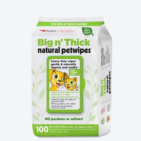 Petkin Big n' Thick Natural Pet Wipes For Dogs & Cats - 100 Pieces